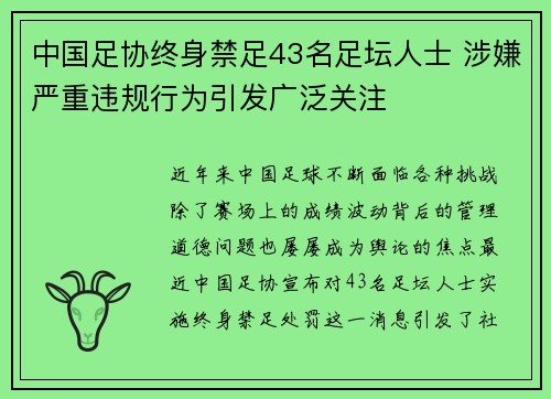 中国足协终身禁足43名足坛人士 涉嫌严重违规行为引发广泛关注 中国足协终身禁足43名足坛人士 涉嫌严重违规行为引发广泛关注